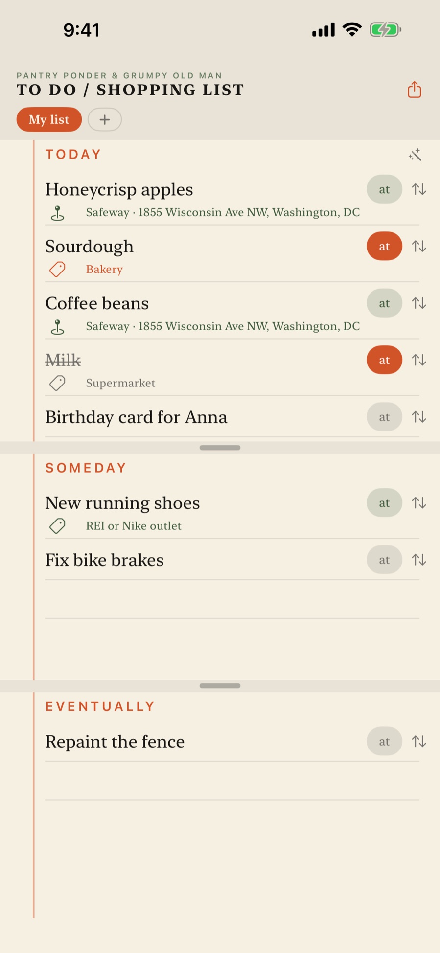 The TO DO / SHOPPING LIST iOS app: a cream notebook page split into Today, Someday and Eventually, with items highlighted because you're at that store.